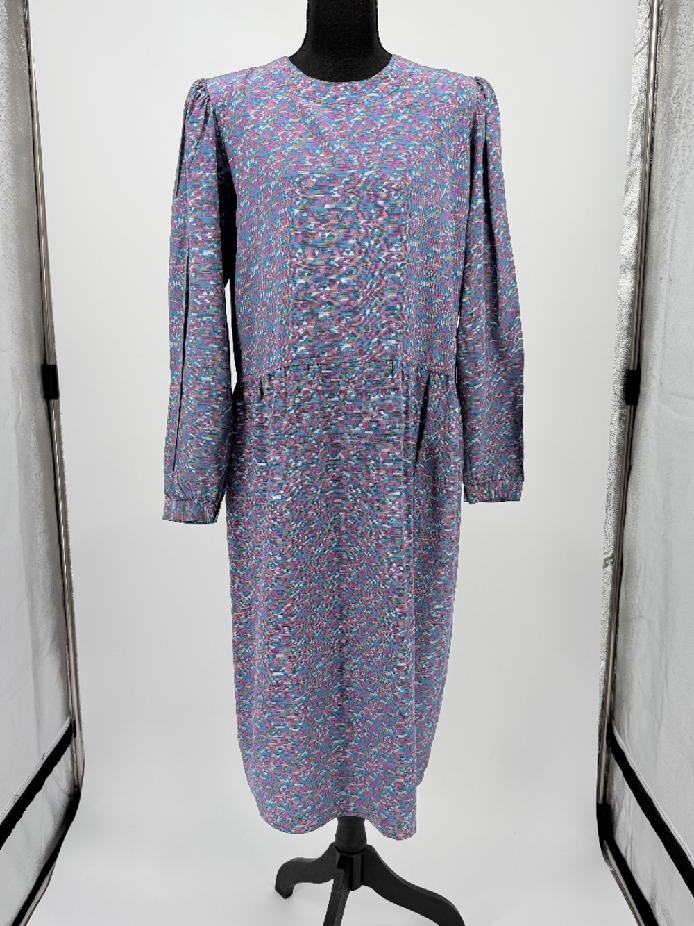 Vintage 80s Charles Bianco Silk Geometric Triangle Midi Dress 14